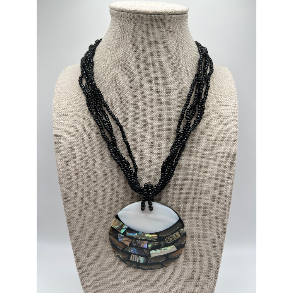 Abalone Shell Mosaic Pendant Seed Bead Necklace Boho Coastal Mermaidcore Black